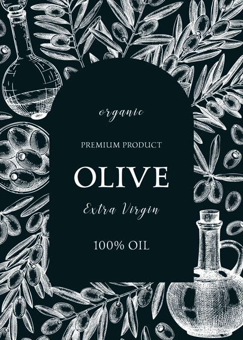 Olive oil background on chalkboard. Hand-drawn vector illustration. Olive tree branches, glass bottle, olives sketches. Italian food frame in vintage style. Vegetable oil design template